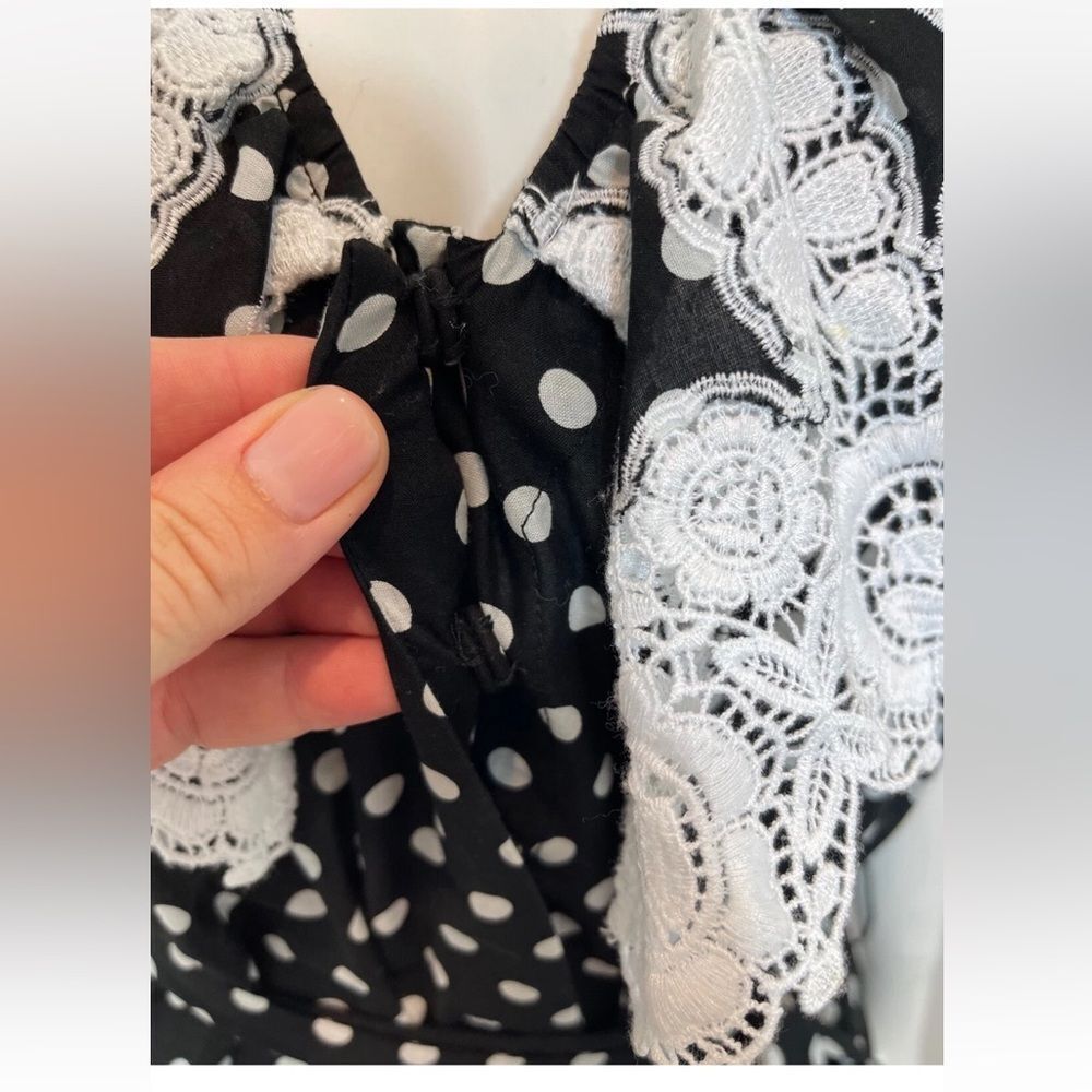 Miguelina Black polka dot crochet lace detailed Mini Dress, M - Picture 4 of 12